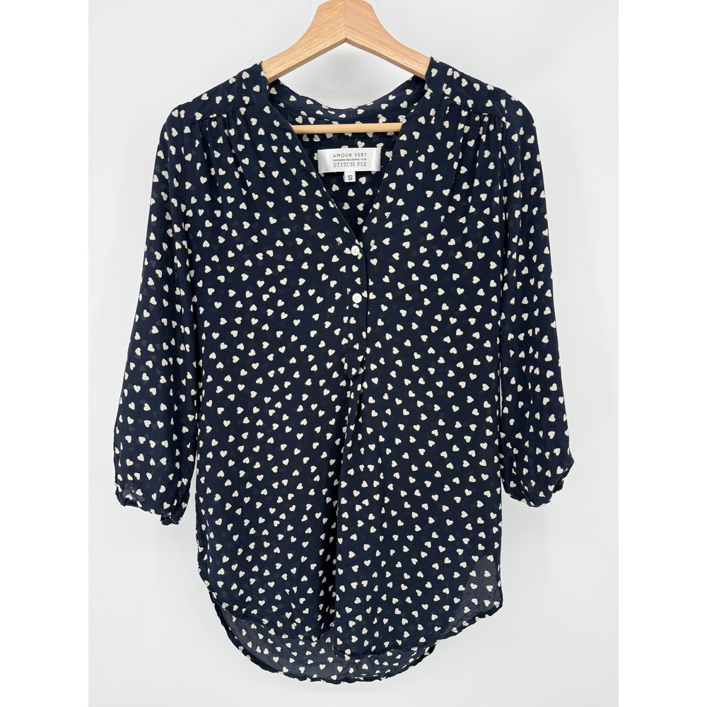 Amour Vert‎ Blouse Women S Navy Blue Heart Print Silk 3/4 Sleeve Stitch Fix
